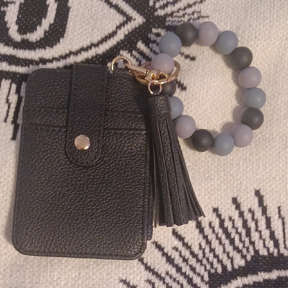 Black Leather Card Holder with Tassel and Beaded Bracelet